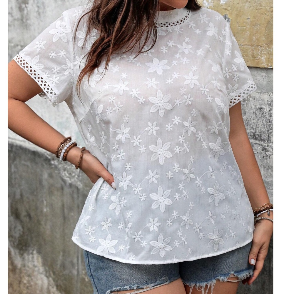 Boho Floral Embroidered Lace Short Sleeve Top - Picture 7 of 7